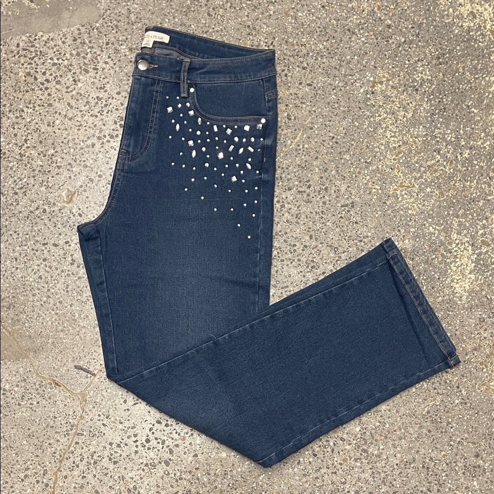 Cracker Barrel Dark Blue Straight Leg Jeans with Rhinestones